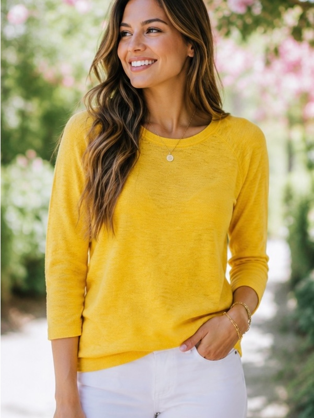 Suzy Shier Bright Sun Yellow 3/4 Sleeve Crewneck Top Size M